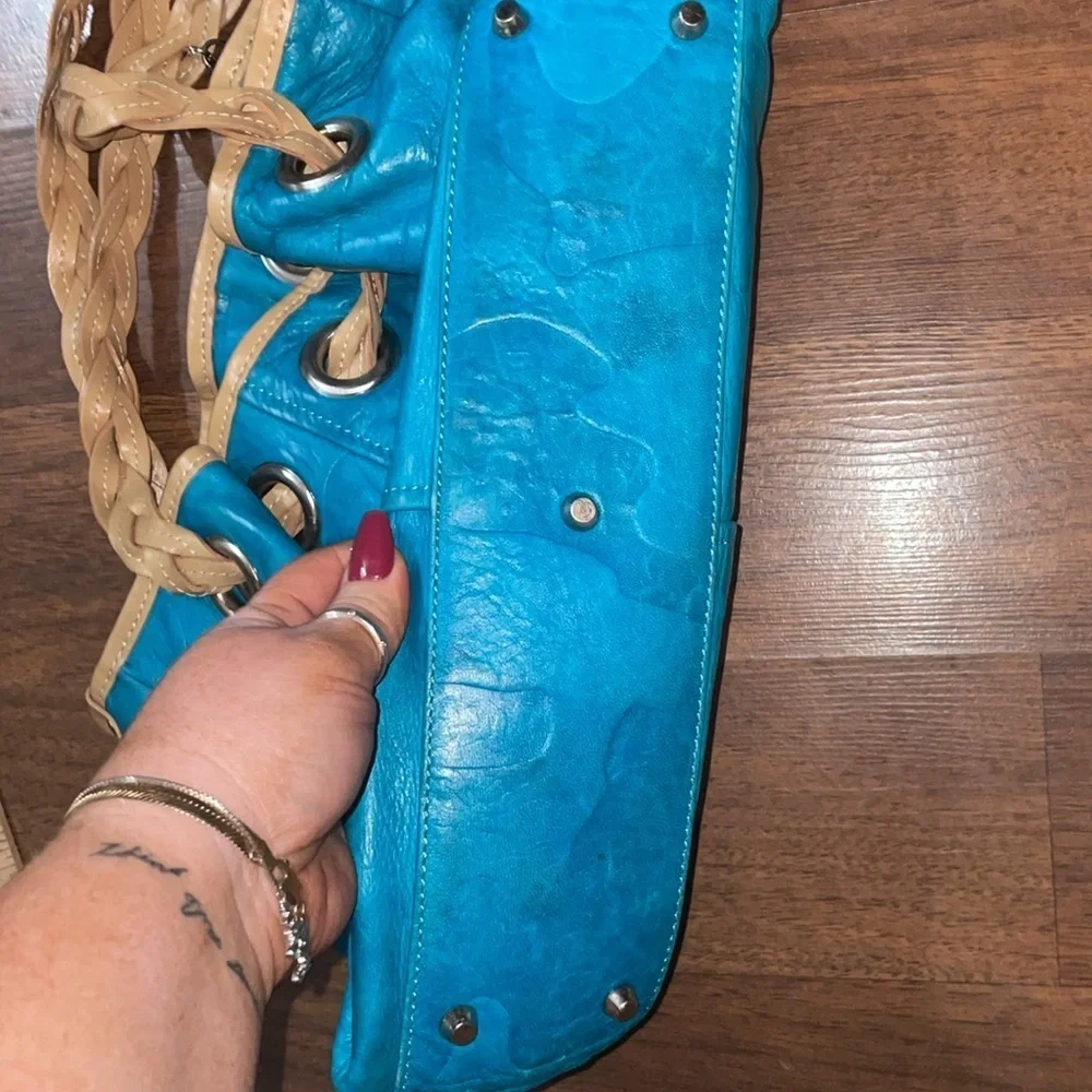 ROBERTA GANDOLFI Aqua Leather Shoulder Handbag Satchel Tote Braided Handles
